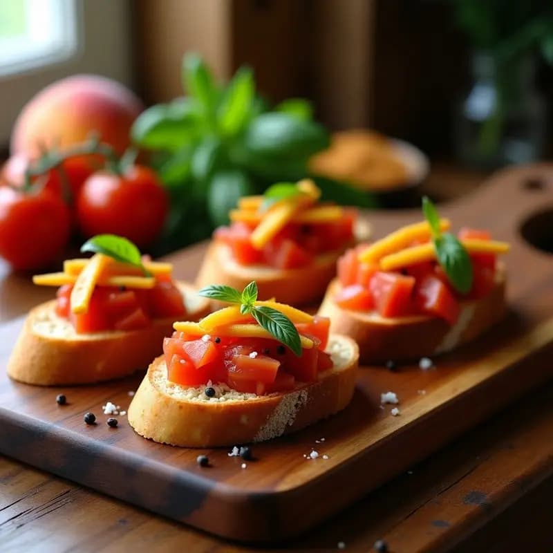 Tosta de pan rústico dorado con tomate maduro frotado, ventresca de atún desmenuzada, orejones de melocotón en láminas y hoja de albahaca, entrante gourmet murciano sobre tabla de madera.