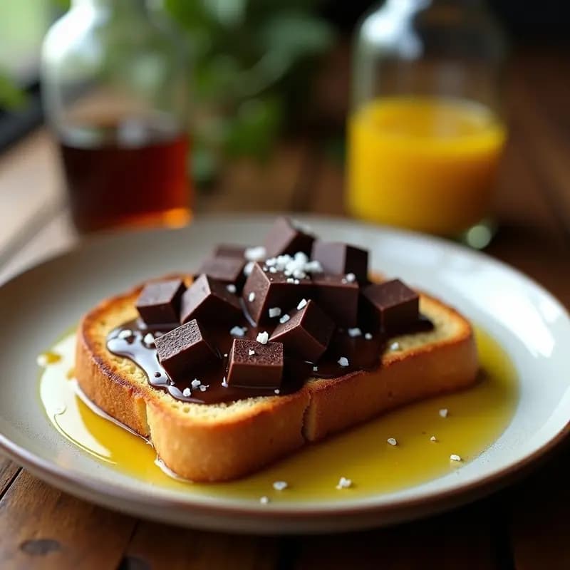 Tostada dorada y crujiente con aceite de oliva virgen extra, chocolate negro fundido y sal marina en escamas, desayuno dulce y salado tradicional español.