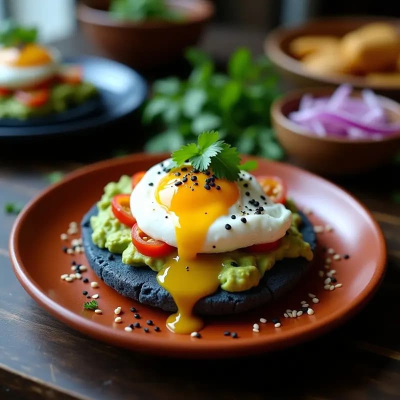 Tostada mexicana con base de tortilla de maíz azul crujiente, capa de aguacate cremoso, huevo poché con yema líquida, decorada con semillas de amapola y sésamo tostado, cebolla morada en juliana, chile serrano picado y hojas de cilantro fresco. Presentación colorida sobre plato de barro rústico con fondo de madera oscura.
