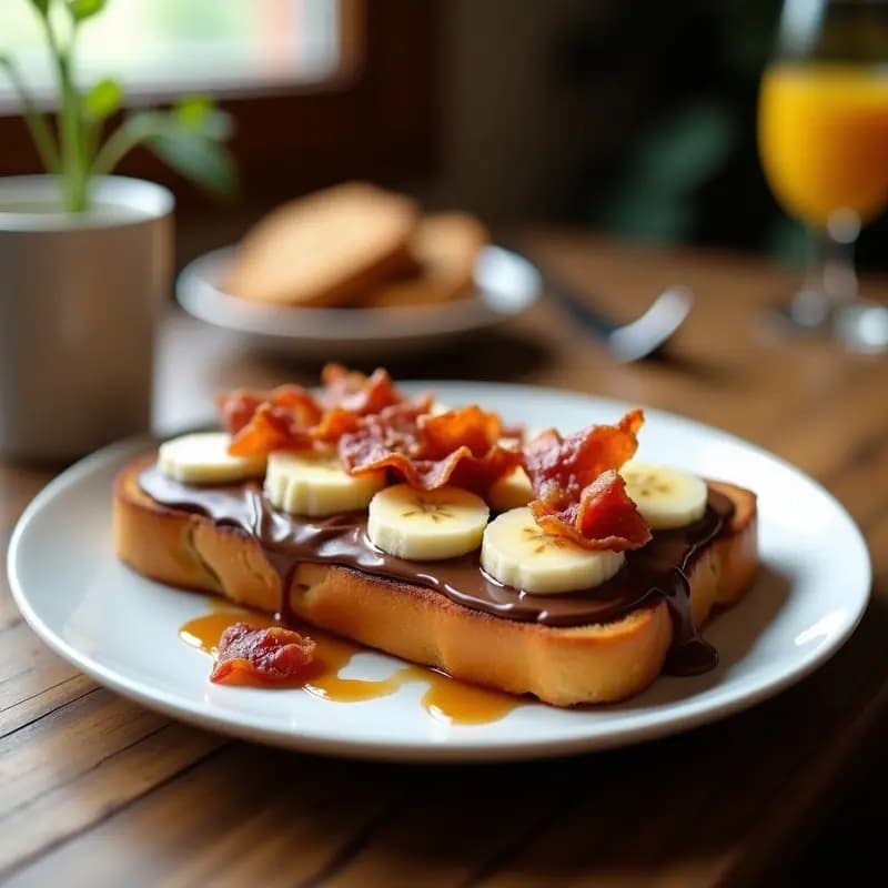 Tostada de pan de brioche dorado con una capa brillante de Nutella, rodajas de plátano maduro, trozos de bacon crujiente y virutas de chocolate negro, servida en un plato blanco sobre fondo rústico. Desayuno de reyes hipercalórico.