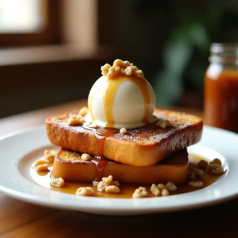 Tostada francesa dorada y crujiente con una bola de helado de vainilla derritiéndose ligeramente, bañada en sirope de arce y espolvoreada con nueces picadas, servida en un plato blanco sobre fondo rústico.