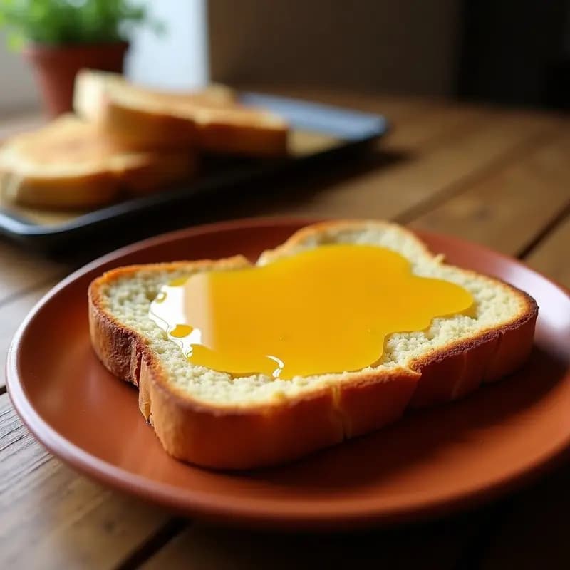 Tostada dorada y crujiente con manteca de cerdo derretida y miel dorada vertida encima, servida en plato rústico de barro sobre fondo de madera. Desayuno energético tradicional de la huerta.
