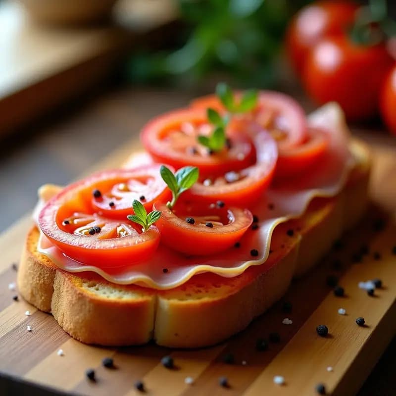 Tostada dorada de pan de barra con tomate frotado fresco, generoso chorro de aceite de oliva virgen extra brillando y lonchas de jamón serrano colocadas con elegancia. Desayuno tradicional español sencillo y apetitoso sobre fondo rústico de madera.