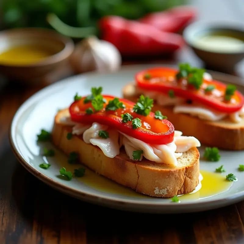 Tostada de pan de barrio dorado y crujiente con capas de ventresca de atún desmenuzada y tiras de pimientos del piquillo asados, decorada con perejil fresco y un hilo de aceite de oliva virgen extra sobre fondo rústico de madera.