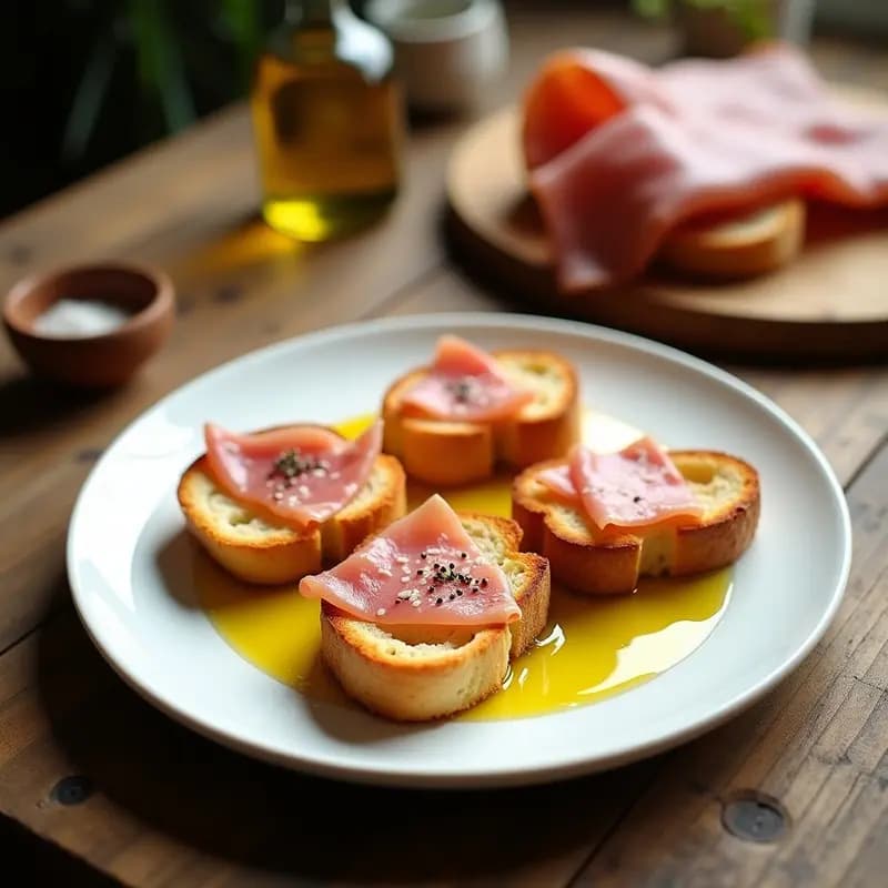 Plato de tostadas doradas con aceite de oliva virgen extra brillante, cubiertas de taquitos finos de jamón serrano, desayuno español rápido y energético sobre fondo rústico de madera.