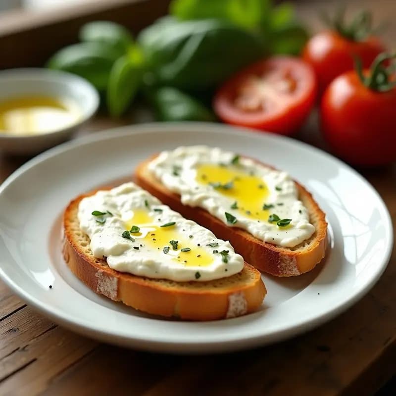 Dos tostadas doradas con queso fresco cremoso sazonado, rociadas con aceite de oliva virgen extra y espolvoreadas con hierbas provenzales y pimentón dulce, servidas en un plato blanco sobre una mesa rústica de madera. Desayuno andaluz ligero y nutritivo.