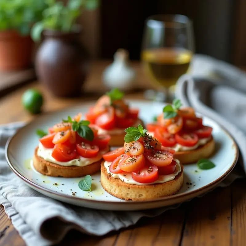 Plato rústico de madera con tostadas doradas de pan integral cubiertas con pulpa de tomate fresco, filetes de anchoas en aceite de oliva y un hilo de aceite virgen extra reluciente. Receta catalana keto de desayuno energético.