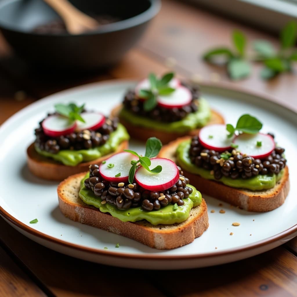 Tostadas doradas de pan de trigo sarraceno con una capa cremosa de caviar de lentejas negras, aguacate machacado, rodajas de rábano, cebollino picado y semillas de sésamo tostadas. Plato de brunch gourmet sin gluten servido en una mesa rústica con fondo desenfocado.