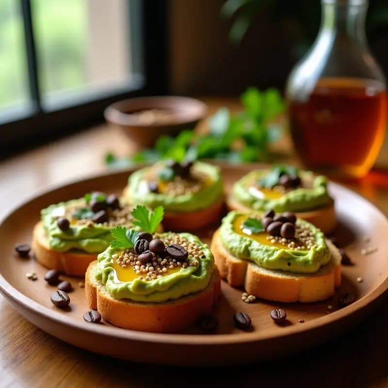 Tostadas doradas de pan de yuca con cremoso aguacate verde, granos de café tostados enteros y molidos, miel dorada en zigzag, semillas de sésamo y hojas de cilantro fresco, servidas en un plato rústico de madera. Desayuno colombiano energético.