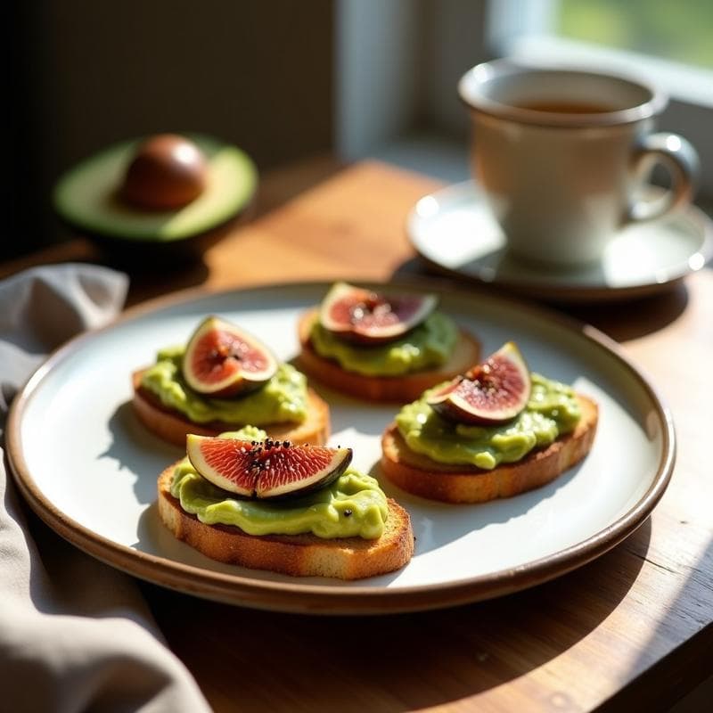 Tostadas doradas sin gluten con crema de aguacate verde, higos caramelizados en abanico y semillas de amapola espolvoreadas, servidas en un plato blanco rústico. Desayuno gluten-free gourmet con texturas contrastadas.