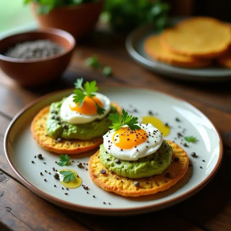 Tostadas doradas de pan bolillo integral con crema de aguacate verde, huevo escalfado de yema líquida, semillas de chía negras, cebolla morada picada y chile de árbol rojo, servidas en plato de barro con cilantro fresco. Desayuno mexicano alto en proteína.