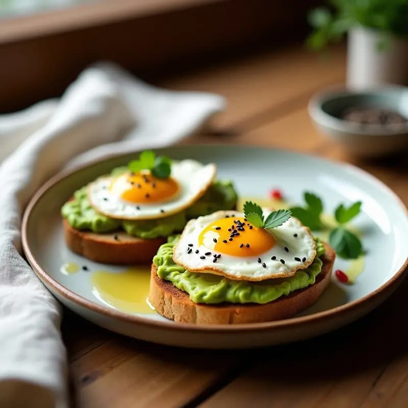 Tostadas doradas de pan sin gluten con aguacate cremoso, huevo poché de yema líquida, semillas de sésamo y hojas de cilantro, receta de desayuno saludable y rápido.