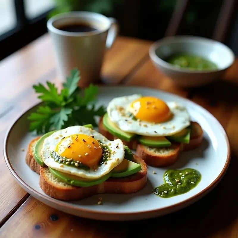 Tostadas doradas de pan de yuca con láminas de aguacate cremoso, huevos pochados con yema líquida y salsa de chimichurri verde brillante espolvoreada con semillas de sésamo, servidas en un plato rústico de madera.