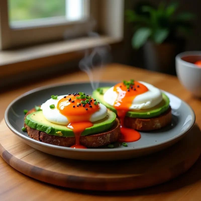 Tostadas doradas de pan integral con cremoso aguacate machacado, huevos poché con yema líquida y vinagreta de kimchi fermentado, decoradas con semillas de sésamo negro y cebollino fresco. Plato de desayuno fusion coreano-mexicano servido en un plato blanco rústico.