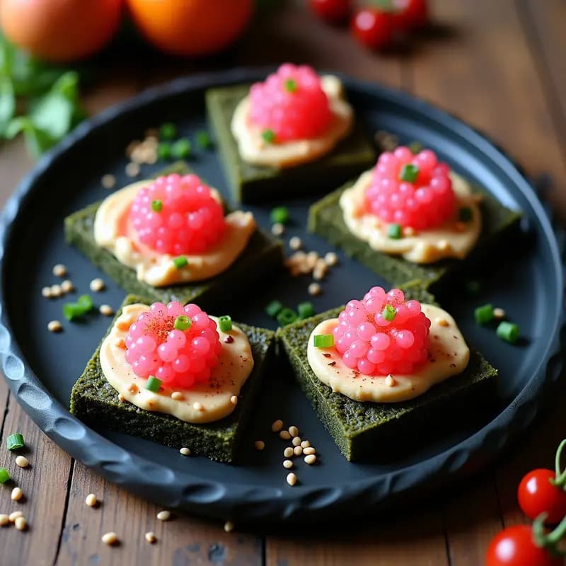 Tostadas triangulares de pan de alga nori crujiente con una capa cremosa de paté de garbanzos beige, coronadas por cubos brillantes de caviar de remolacha roja y decoradas con semillas de sésamo negro y cebollino picado. Plato de aperitivo crudivegano colorido y fotogénico.