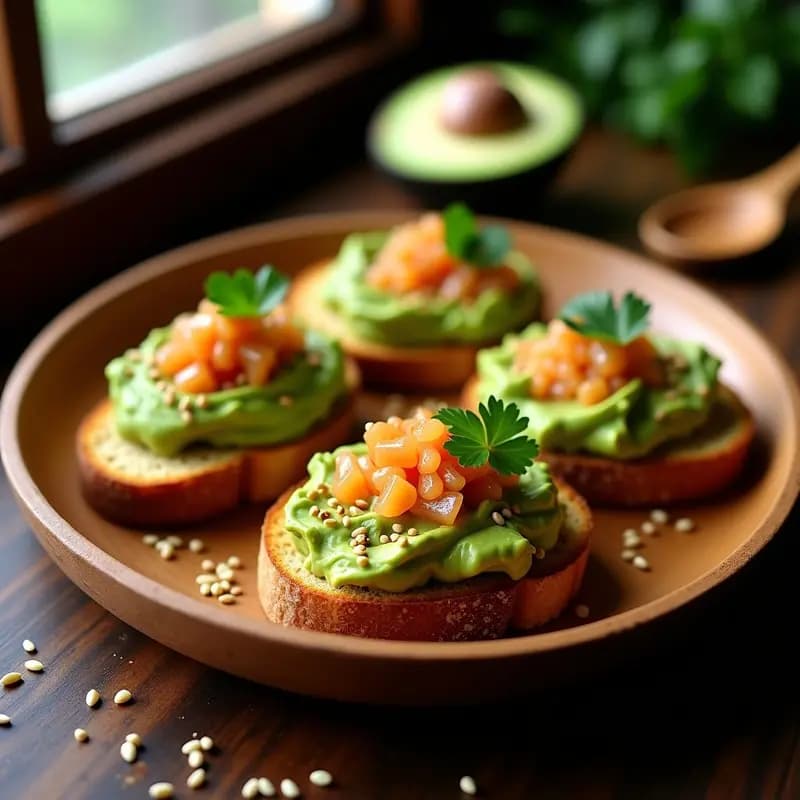 Tostadas doradas de pan de algarroba sin harina, cubiertas con crema de aguacate verde, huevas de trucha naranjas y espolvoreadas con semillas de sésamo y cilantro fresco, servidas en un plato de madera rústico sobre fondo oscuro.