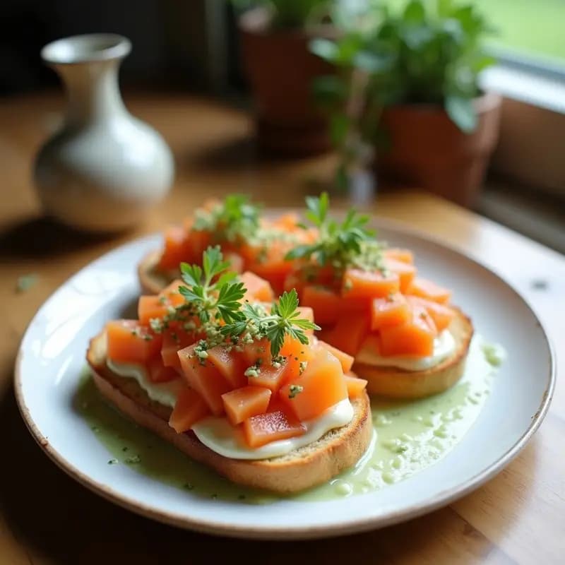 Tostadas crujientes de pan de algas nori con láminas de tataki de salmón rosado, crema de aguacate verde y detalles de wasabi, semillas de sésamo negro y cebollino picado. Aperitivo japonés alto en omega-3 sobre tabla de madera oscura con fondo desenfocado.