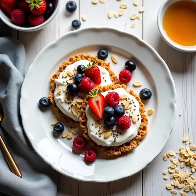 Plato blanco con tostadas de avena dorada crujiente, cubiertas de yogur griego cremoso, frutos rojos frescos, almendras fileteadas y semillas de chía, desayuno alto en proteína.