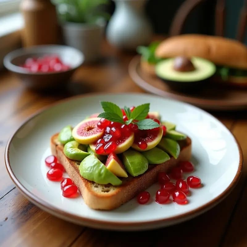 Plato blanco con cuatro tostadas doradas de pan sin gluten, untadas con avocado cremoso, higos frescos en cuartos, semillas de granado rojas brillantes, vinagreta dorada y decoración de menta y almendras fileteadas. Desayuno mediterráneo sin gluten colorido y apetitoso.