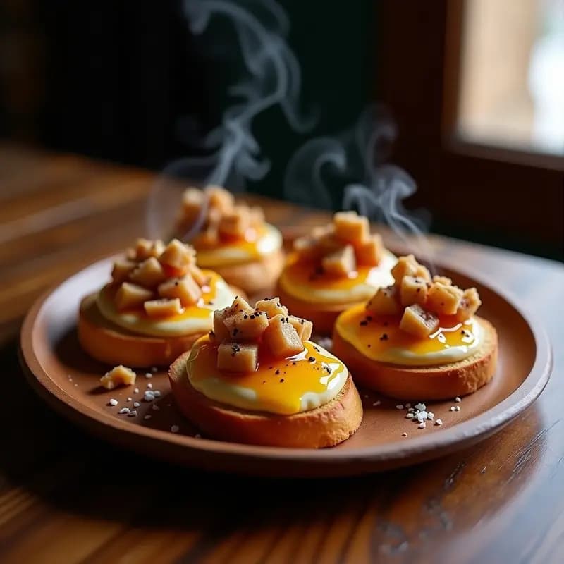 Tostadas doradas de pan brioche con una capa cremosa de foie gras, mermelada de higos brillante y taquitos de queso brie dorado, espolvoreadas con nueces picadas y un hilo de miel, servidas en un plato de madera rústico.