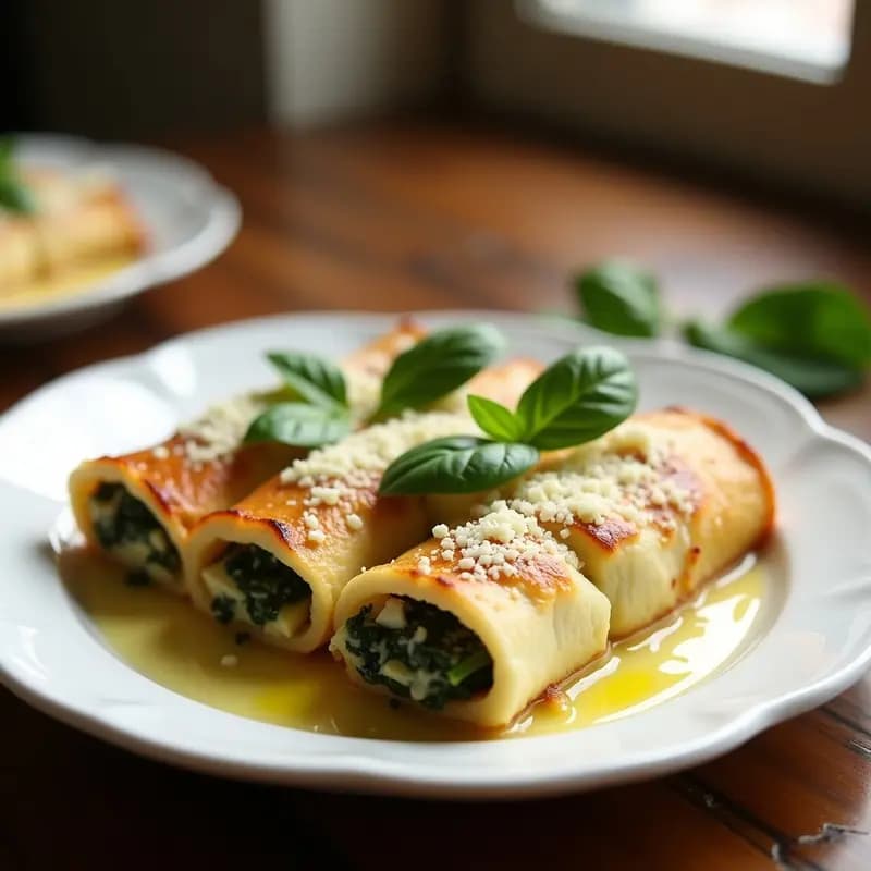 Plato blanco con tostadas de pan integral cubiertas de rodajas de canelones rellenos de espinaca y ricotta, gratinados al horno y decorados con hojas de espinaca fresca y virutas de parmesano.