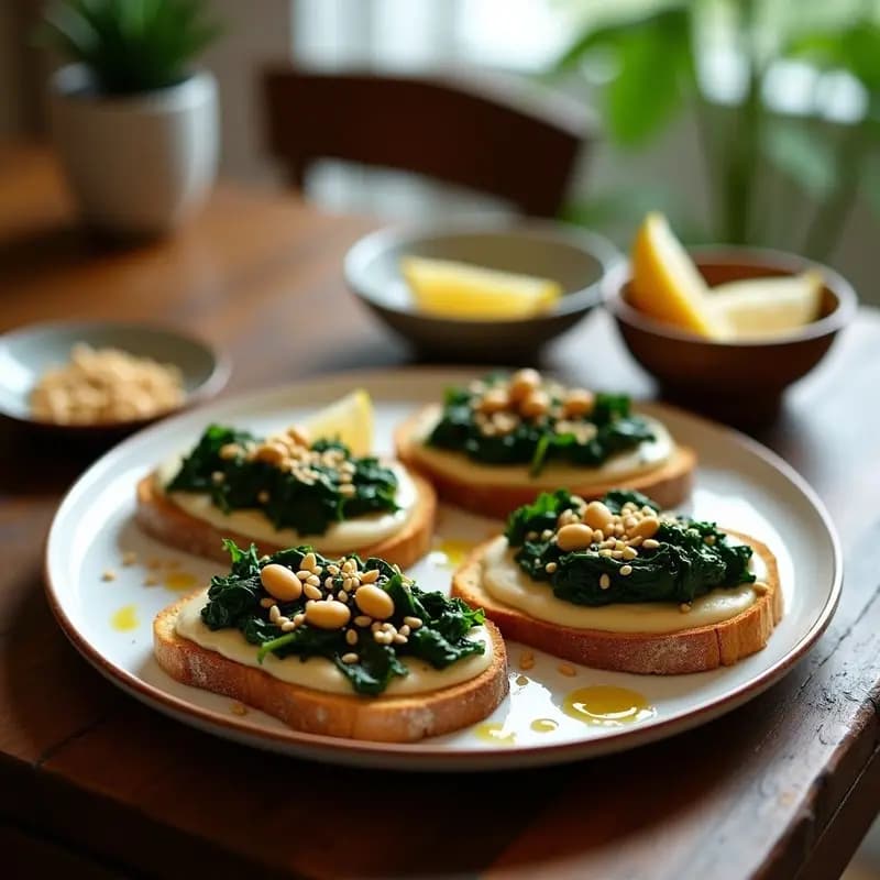 Tostadas doradas de pan sin gluten con una capa cremosa de cannellini y espinacas ahumadas, espolvoreadas con semillas de sésamo. Receta vegana alta en proteína y sin gluten.
