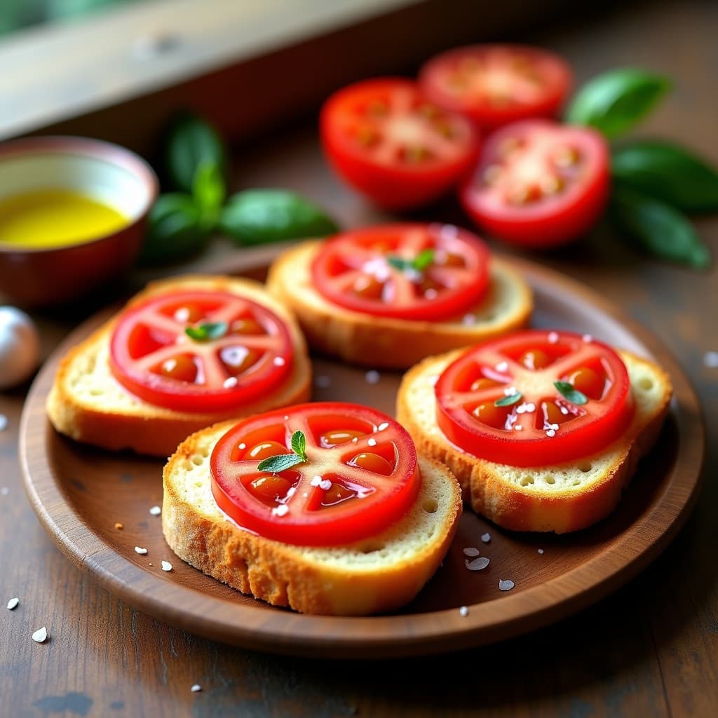 Plato de madera con 4 tostadas de pan con tomate catalán, jugosas y brillantes con aceite de oliva, sal en escamas y hojas de albahaca fresca de decoración.