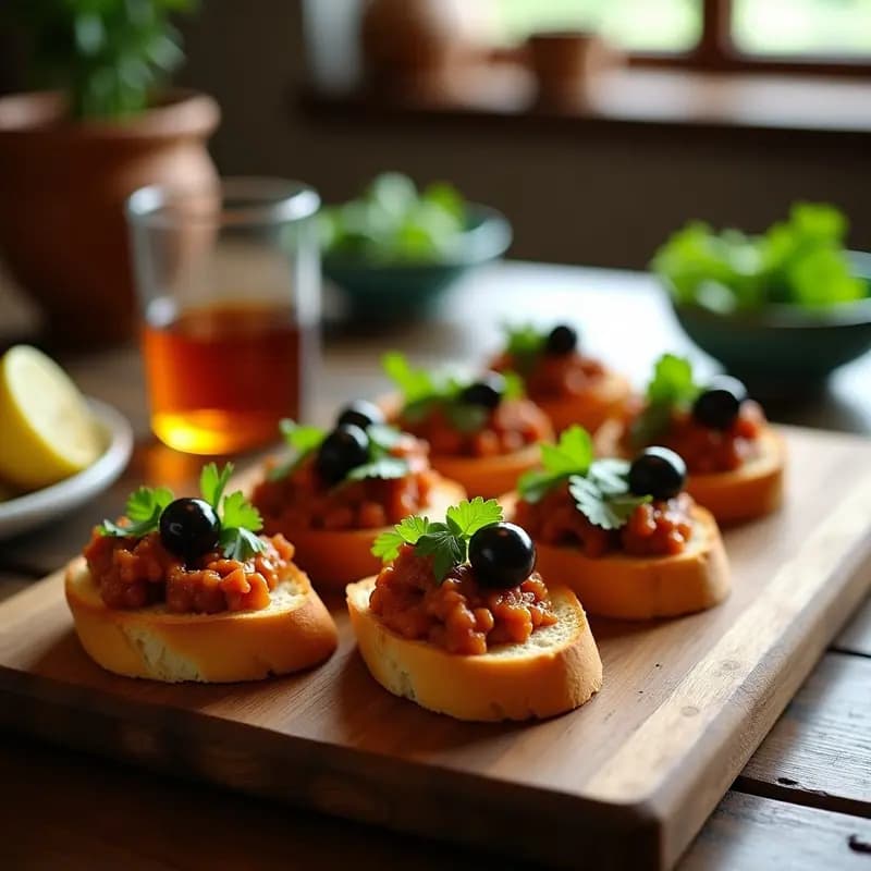 Tostadas doradas de pan baguette cubiertas con una mezcla espesa de cazuela de ave, decoradas con aceitunas negras, cilantro fresco y un chorrito de limón, sobre una tabla de madera rústica con fondo desenfocado.