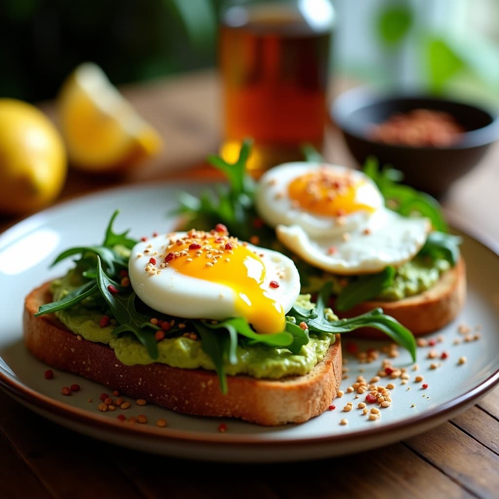 Plato con dos tostadas de pan de centeno keto doradas, cubiertas con crema de aguacate verde, hojas de rúcula, huevos pochados con yema líquida y espolvoreadas con semillas de sésamo y copos de chile. Receta keto alta en grasas saludables.