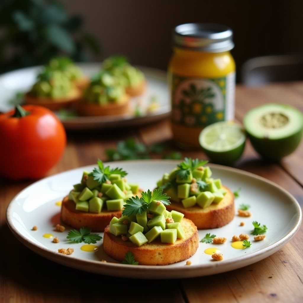 Tostadas doradas de pan de centeno con aguacate cremoso, semillas de cáñamo tostadas, cilantro fresco y copos de chile rojo, servidas en un plato de madera rústico con fondo claro.