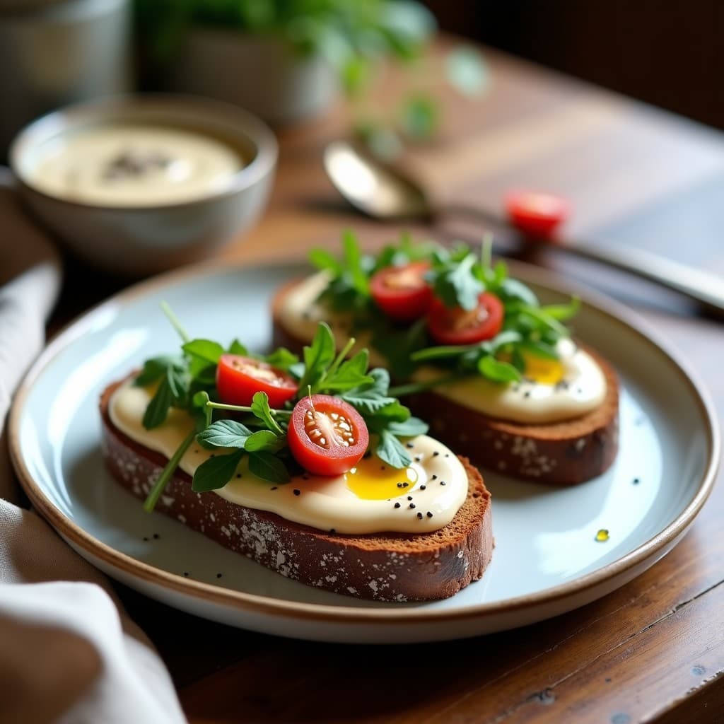 Tostadas doradas de pan de centeno con una capa cremosa de anacardos, cubiertas de rúcula fresca, tomates cherry y semillas de chía, desayuno vegano rápido y saludable.
