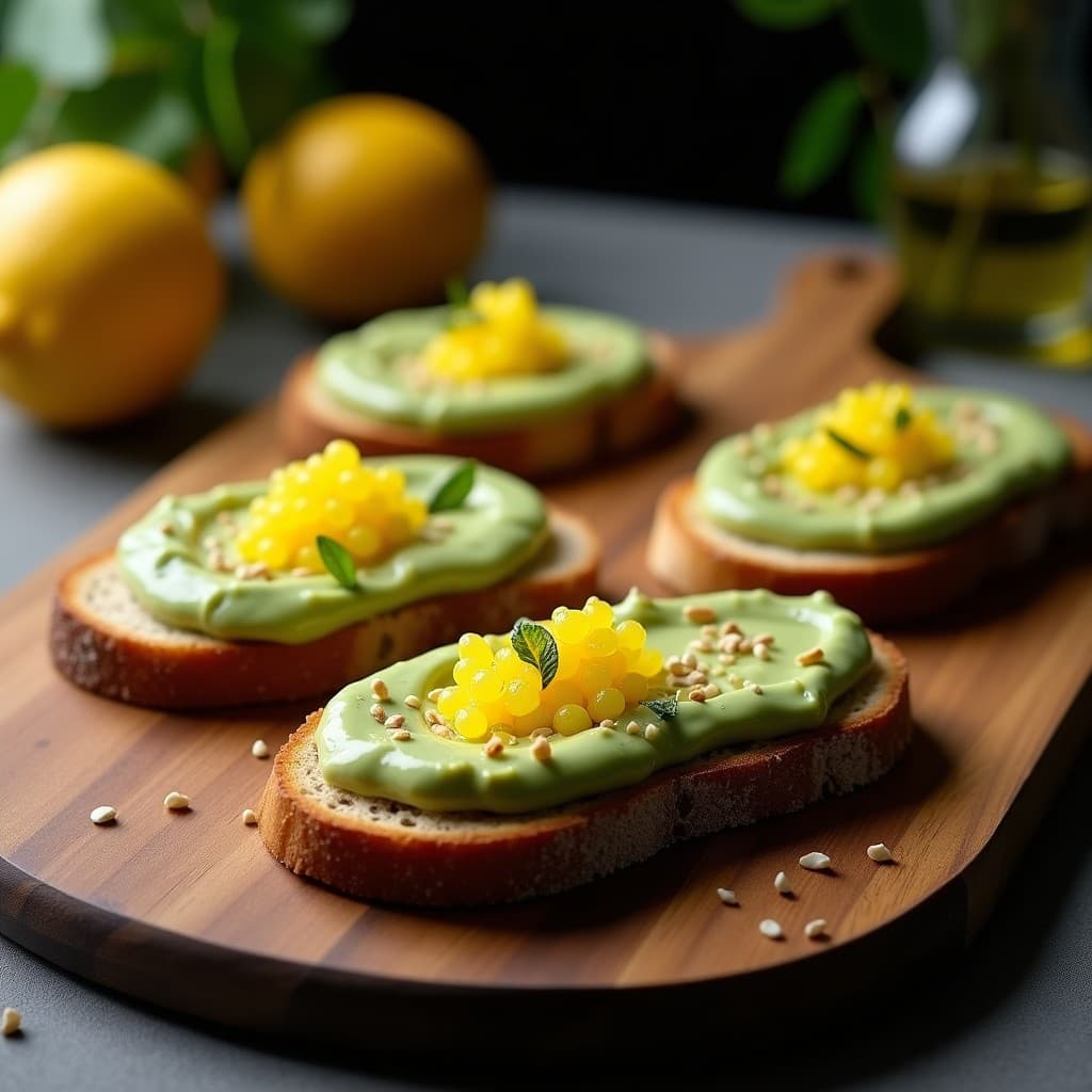 Tostadas doradas de pan de centeno con una crema verde suave de edamame, coronadas por esferas brillantes de caviar de limón amarillo, decoradas con semillas de sésamo negro, cebollino picado y tiritas de alga nori, servidas en una tabla de madera rústica.