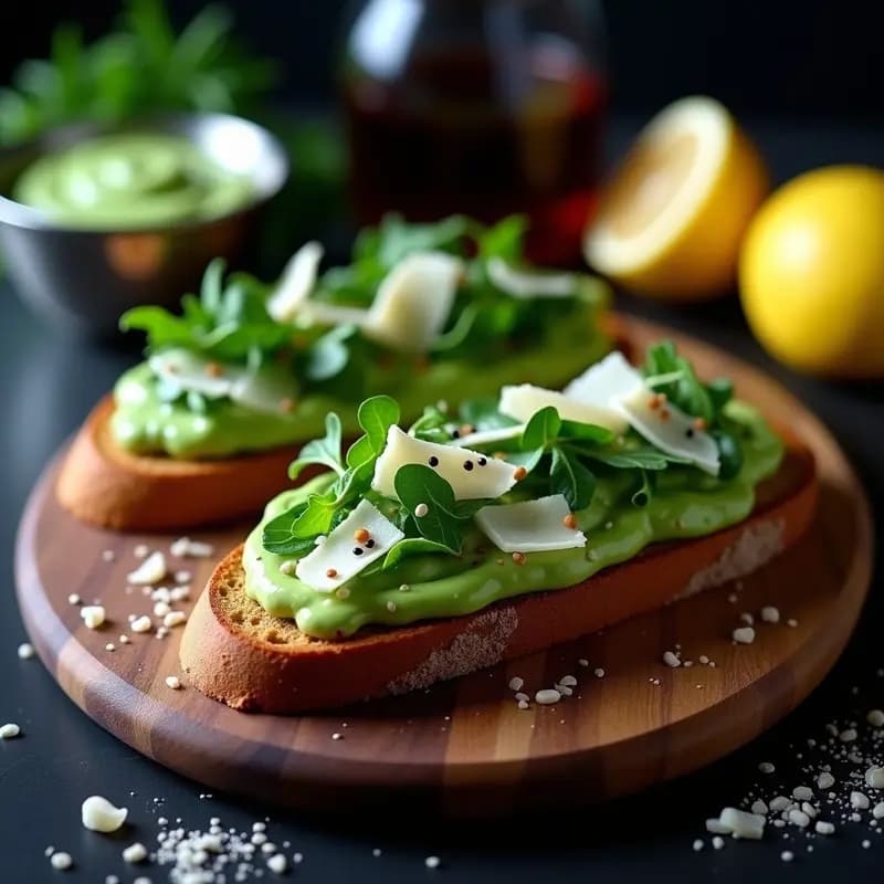 Tostadas de pan de centeno doradas con una capa gruesa de crema de edamame verde brillante, cubiertas de rúcula fresca y virutas finas de parmesano vegano blanco. Semillas de sésamo espolvoreadas y un toque de pimentón ahumado. Plato estilo *food photography* con fondo oscuro y luz natural resaltando texturas.