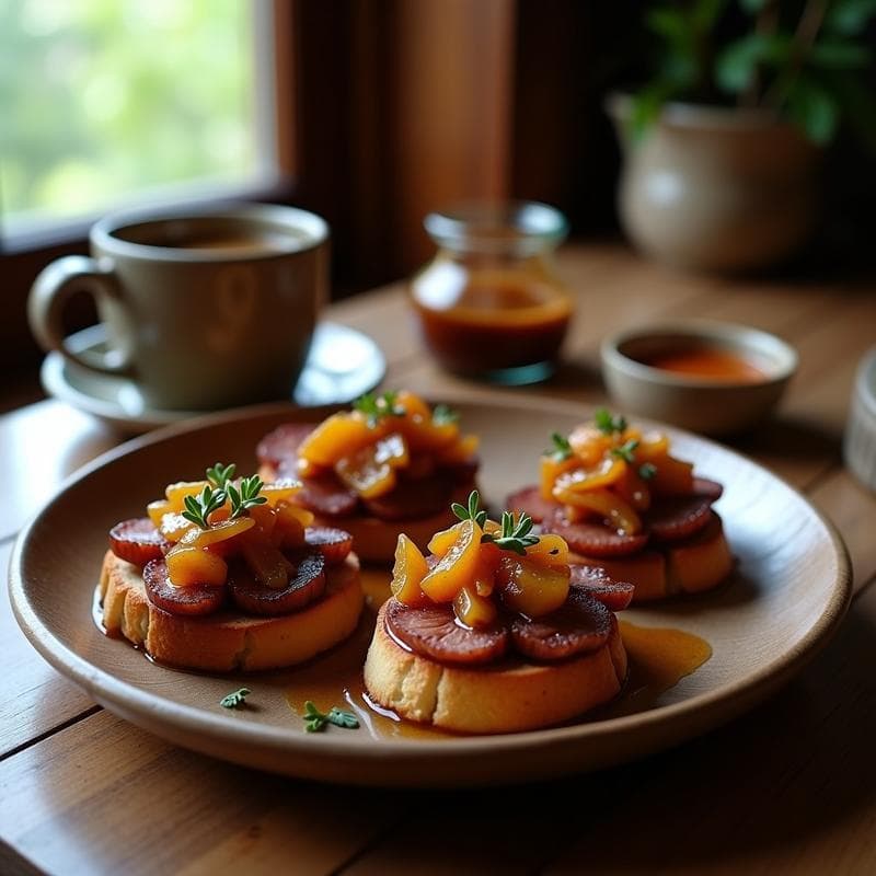 Plato rústico de madera con tostadas de pan de centeno crujientes, cubiertas con compota de higos dorada y trozos de hígado de pato salteado con cebolla morada. Desayuno alemán alto en hierro con toques dulces y salados.