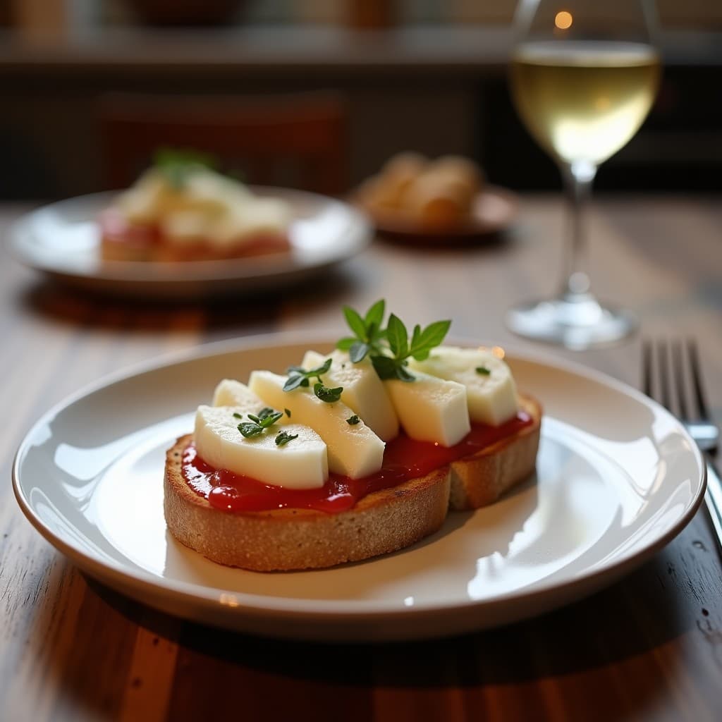 Plato blanco con dos tostadas de pan de centeno integral cubiertas con pulpa de higo chumbo de color fucsia, queso fresco desmenuzado, semillas de sésamo doradas, hojas de menta fresca y un hilo de miel de tomillo, presentadas sobre una tabla de madera rústica con fondo mediterráneo.