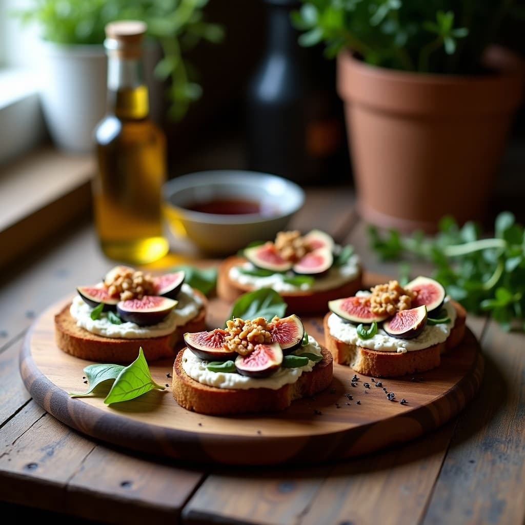 Tostadas doradas de pan de centeno con queso de cabra cremoso, higos frescos en trozos, nueces picadas y un hilo de miel de lavanda sobre rúcula baby, servidas en una tabla de madera rústica con fondo borroso de cocina francesa.