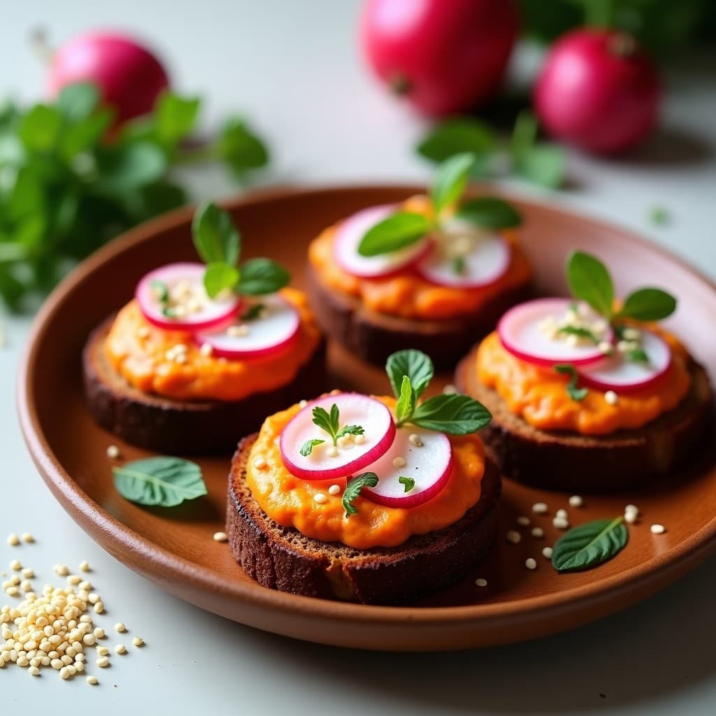 Plato de madera con tostadas doradas de pan de centeno, untadas con hummus cremoso de lentejas rojas de color anaranjado, coronadas con rodajas finas de rábanos blancos y rosados, semillas de sésamo y hojas de menta fresca. Receta vegana crunchy y alta en proteína.