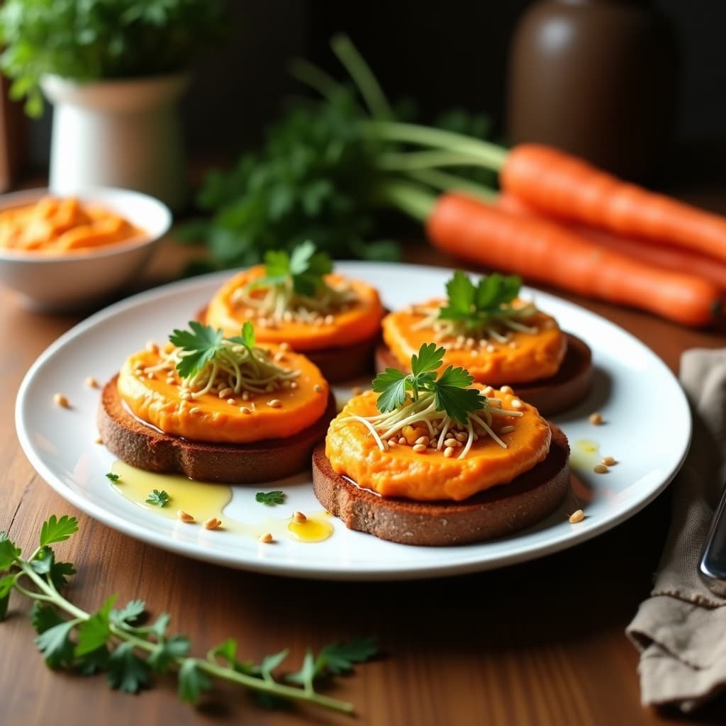 Tostadas de pan de centeno dorado y crujiente con una generosa capa de hummus de zanahoria y comino de color naranja vibrante, decoradas con semillas de sésamo, germinados de alfalfa y cilantro fresco. Plato vegano y crudivegano listo para servir.
