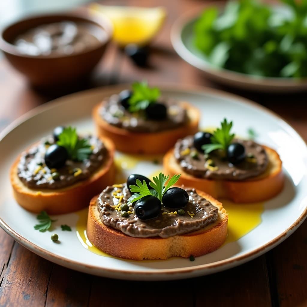 Tostadas doradas de pan de centeno con una capa gruesa de paté cremoso de aceitunas negras y anchoas, decoradas con perejil fresco y un chorrito de aceite de oliva virgen extra. Receta rápida y alta en omega-3.