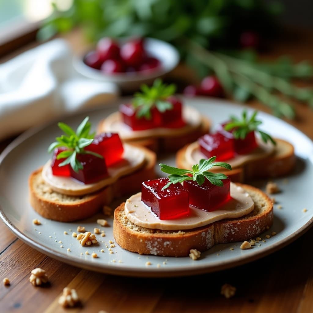 Tostadas doradas de pan de centeno con una capa cremosa de pâté de hígado de pollo, cubiertas de gelée de arándanos brillante y decoradas con rúcula y nueces picadas. Receta francesa para brunch gourmet.