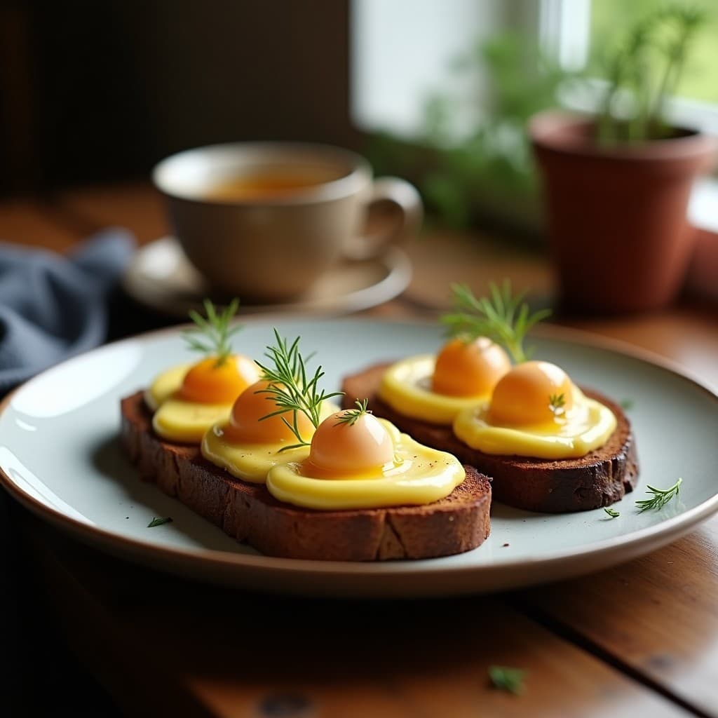 Plato rústico con tostadas de pan de centeno cubiertas de puré cremoso de colinabo, coronadas con huevos de codorniz escabechados y decoradas con eneldo fresco. Desayuno alemán keto con texturas contrastantes.