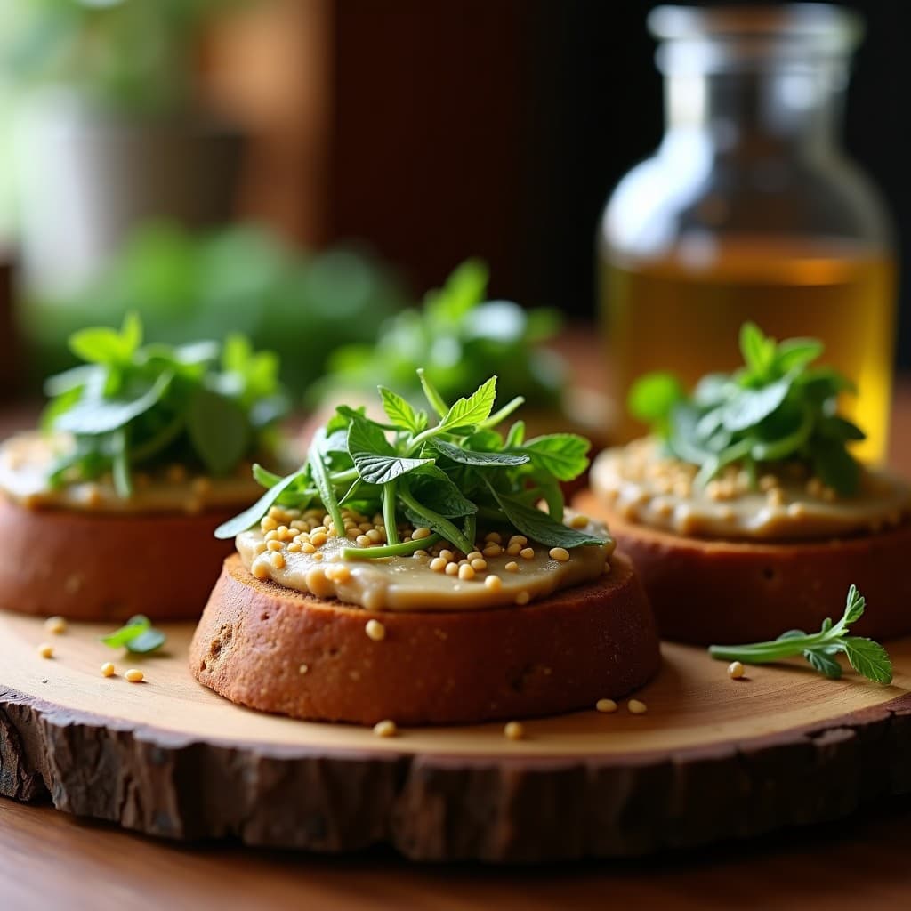 Tostadas de pan de centeno dorado con una capa cremosa de püré de lentejas especiado, decoradas con hojas de rúcula fresca, semillas de sésamo tostadas y un hilo de aceite de oliva, aperitivo alto en fibra y sin gluten.