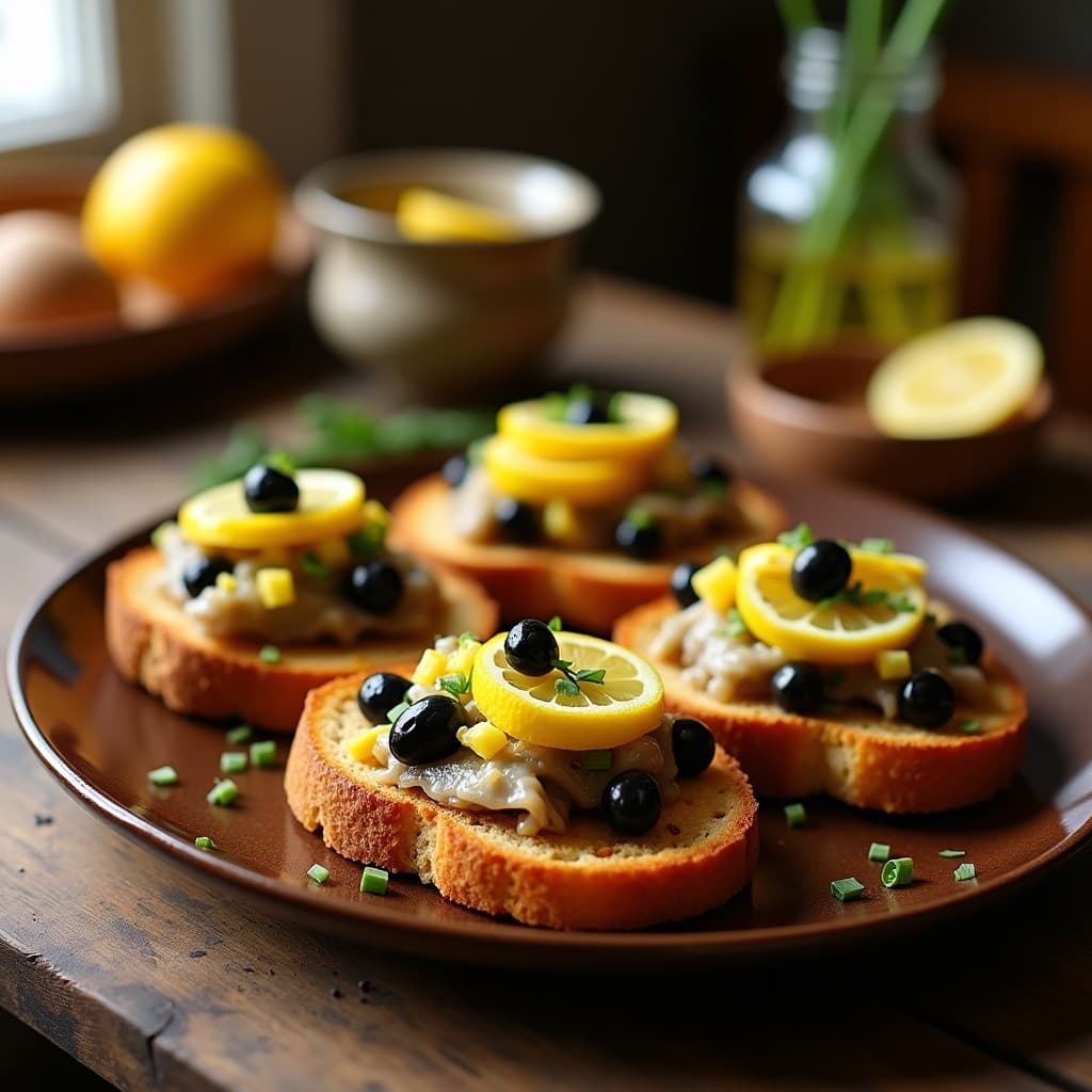 Tostadas de pan de centeno sin gluten doradas y crujientes, cubiertas con una mezcla de sarda en aceite desmenuzada, trozos de limón confitado y aceitunas negras, decoradas con cebollino fresco. Receta portuguesa sin gluten, alta en proteína y con un toque gourmet.