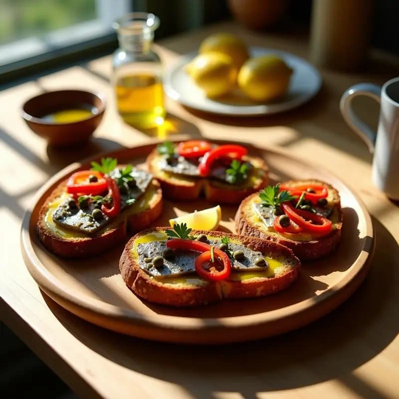 Tostadas doradas de pan de centeno con una generosa capa de sarda en aceite desmenuzada, pimientos rojos asados en tiras, alcaparras y perejil fresco, servidas en un plato de madera rústico. Desayuno portugués alto en omega-3.