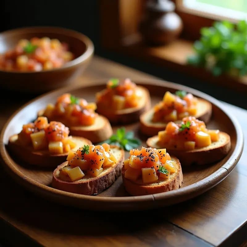 Tostadas de pan de centeno dorado con sarde en saor venezolano: bacalao en escabeche dulce y ácido con cebolla morada, pasas y alcaparras, servido en plato rústico de madera.