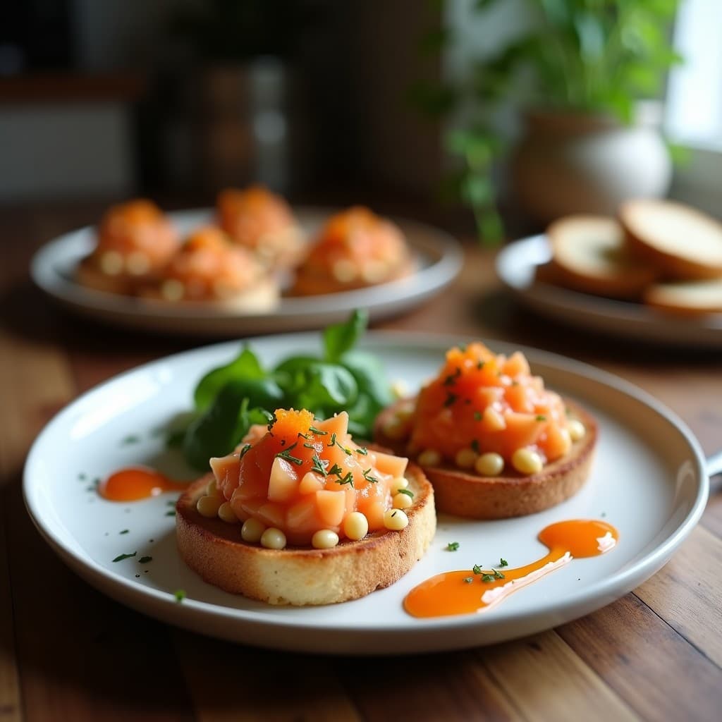 Tostadas de pan de centeno crujiente con capas de remolacha violeta, láminas de zanahoria marinada estilo gravlax vegano, salsa cremosa de anacardos y decoración de rúcula, eneldo y semillas de sésamo. Plato nórdico vegano colorido y elegante.