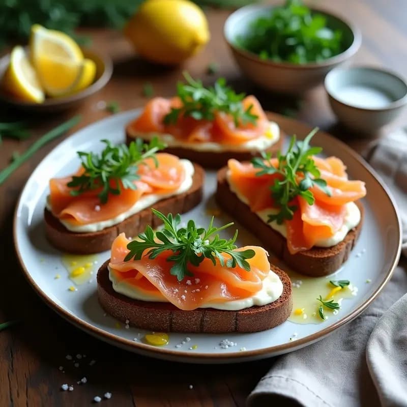 Tostadas de pan de centeno danés tostado con capas de crema de queso blanco, láminas de salmón fresco marinado, eneldo picado, germinados de alfalfa y cebollino. Plato de smørrebrød elegante sobre tabla de madera rústica con fondo de luz natural.
