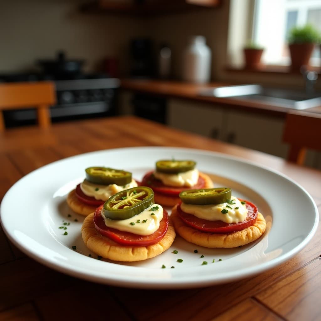 Tostadas crujientes de pan de barra con rodajas de chorizo ibérico dorado, tiras de pimientos rojos asados y perejil fresco, servidas en una tabla de madera rústica.