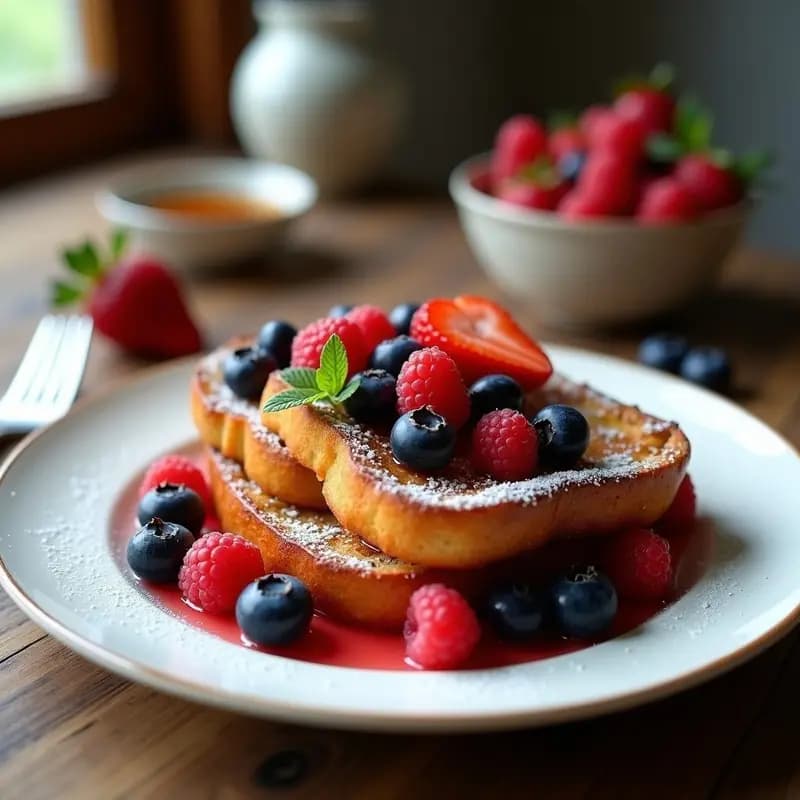 Plato blanco con tostadas francés vegano de pan brioche doradas, cubiertas con arándanos, frambuesas y rodajas de fresa. Espolvoreadas con azúcar glass y semillas de chía, servidas sobre un mantel rústico con un fondo de cocina francesa.