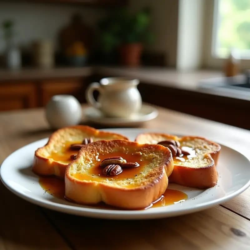 Tostadas francesas de brioche doradas y crujientes en un plato blanco, bañadas con sirope de arce brillante, espolvoreadas con nueces pecanas tostadas y semillas de chía, servidas sobre una mesa de madera rústica con fondo desenfocado.